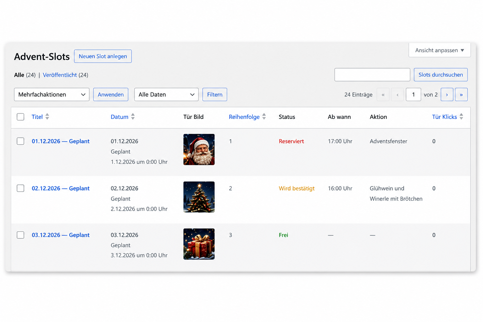 Adventsfenster Manager – Verwaltung der Adventstage im WordPress-Backend